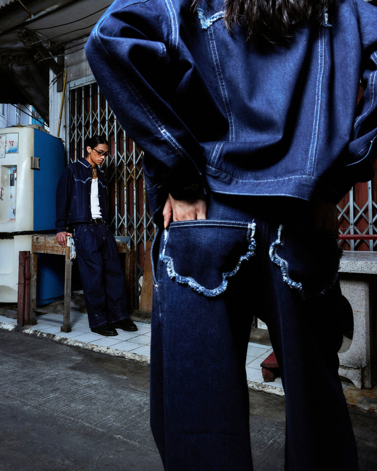 QLOUDLIGHT Balloon Pants fabric detail — deadstock Japanese red selvedge denim