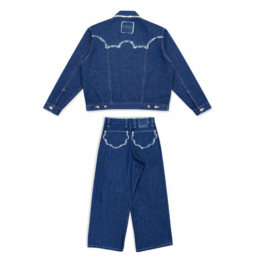 QLOUDLIGHT Balloon Set back view — jacket and pants in 12oz Japanese selvedge denim, made in France, Pantin