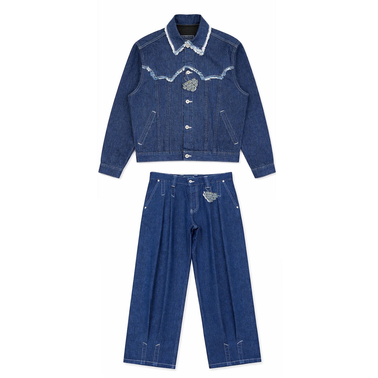 QLOUDLIGHT Balloon Set front view — jacket and pants in 12oz Japanese selvedge denim, made in France, Pantin